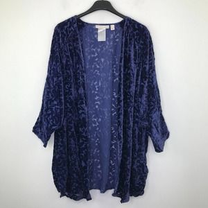 The Muses Lounge Women's Large Cardigan Blue Velvet Burnout Open Dolman CQ2